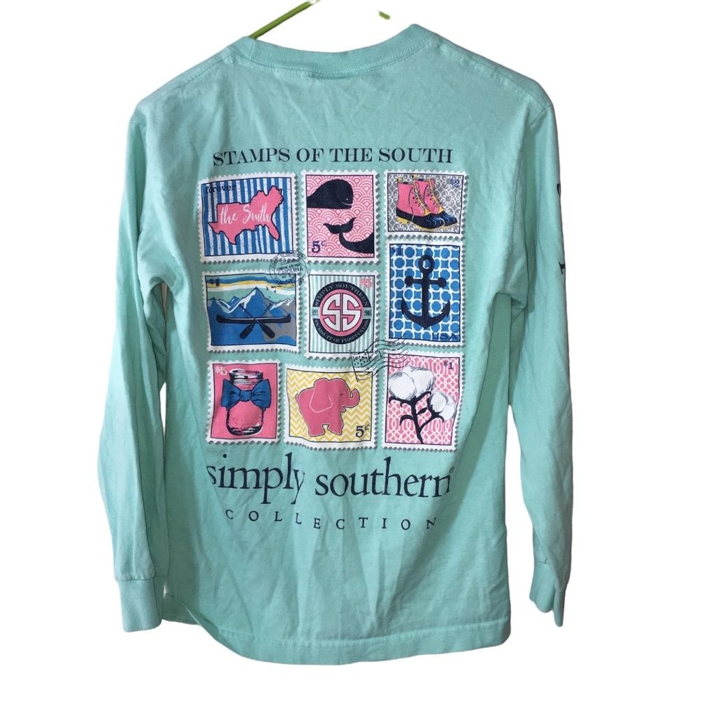 SIMPLY SOUTHERN BLUE STAMPS OF THE SOUTH LONG SLEEVE SHIRT WOMENS SMALL - Picture 3 of 5